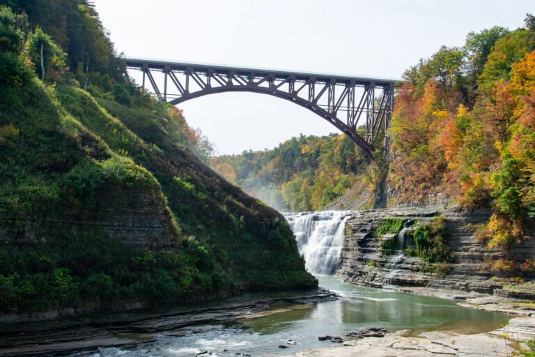 The Genesee River gorge and its rail bridge at Letchworth State Park, south of Rochester, in autumn.