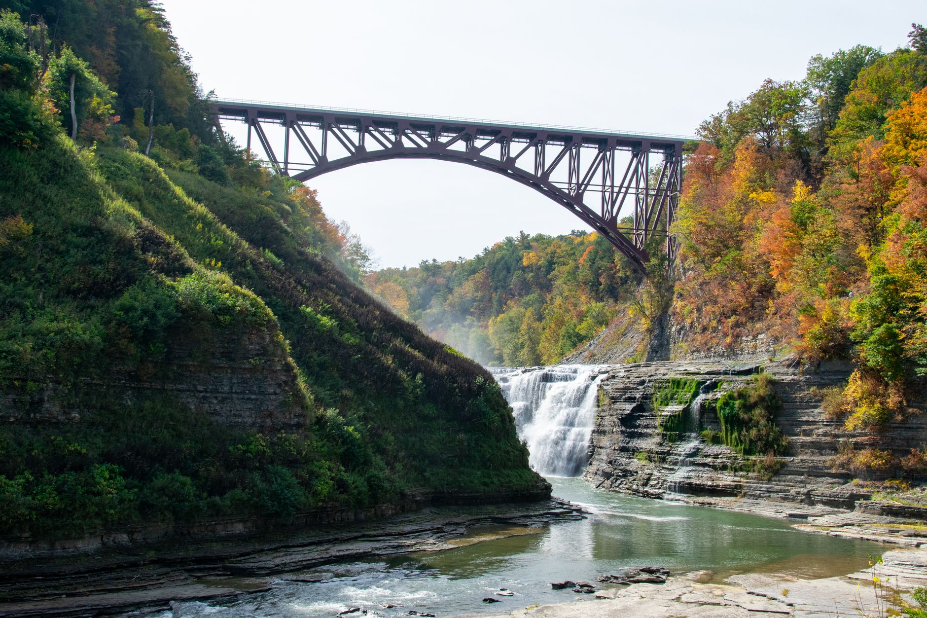 The Genesee River gorge and its rail bridge at Letchworth State Park, south of Rochester, in autumn.